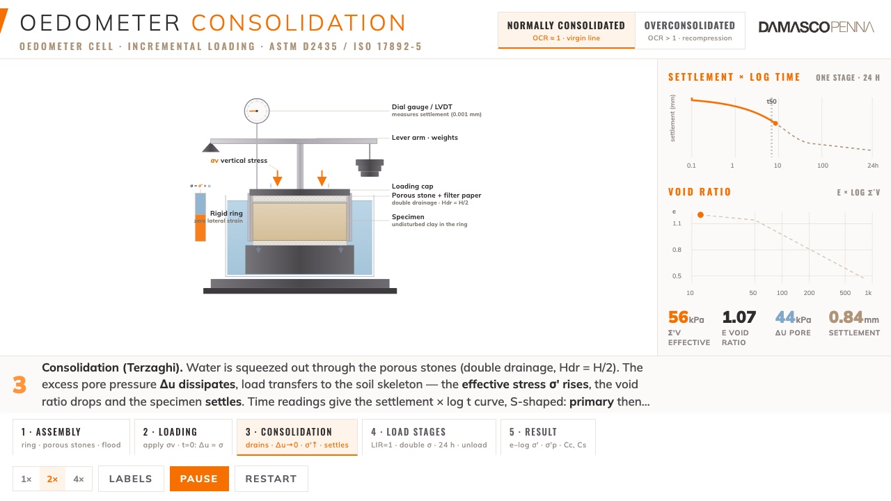 One-dimensional consolidation (oedometer) test animation